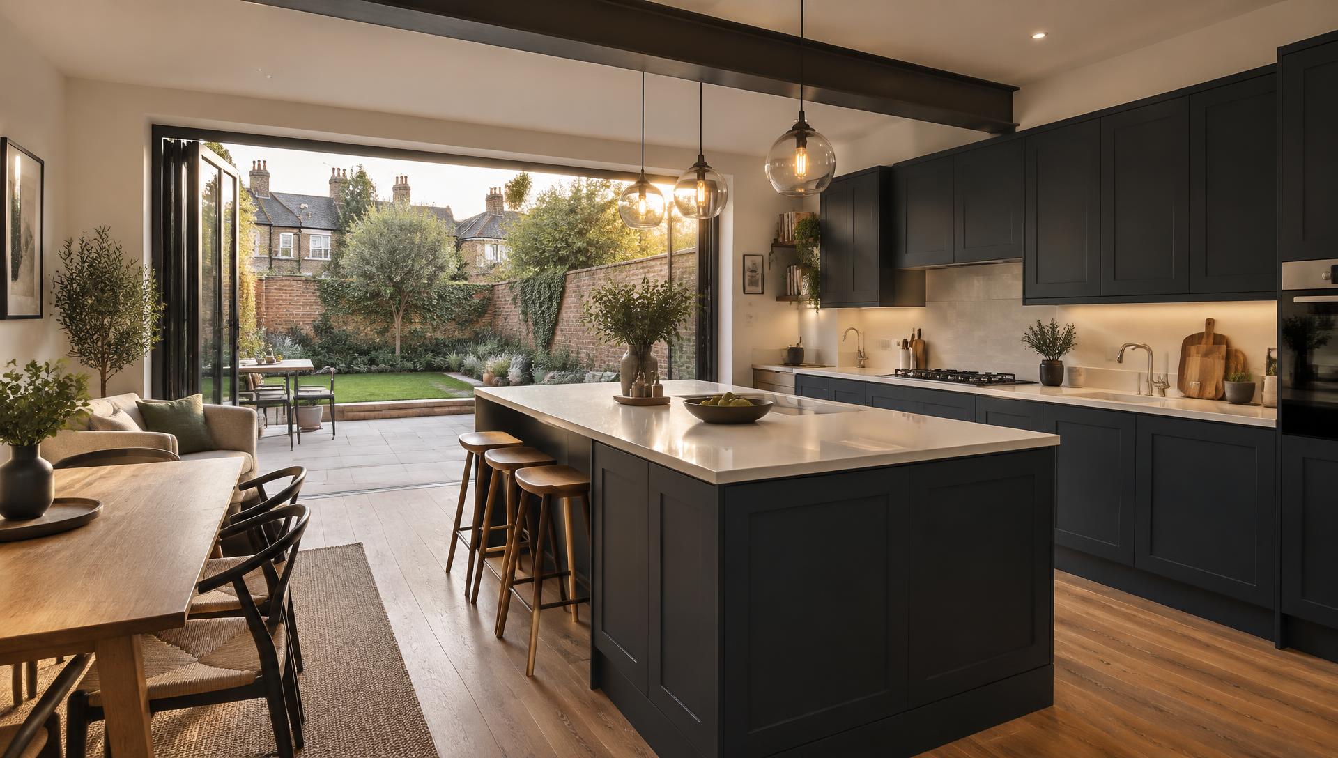 Open-plan kitchen extension in a Leicester home, with sliding doors onto the garden