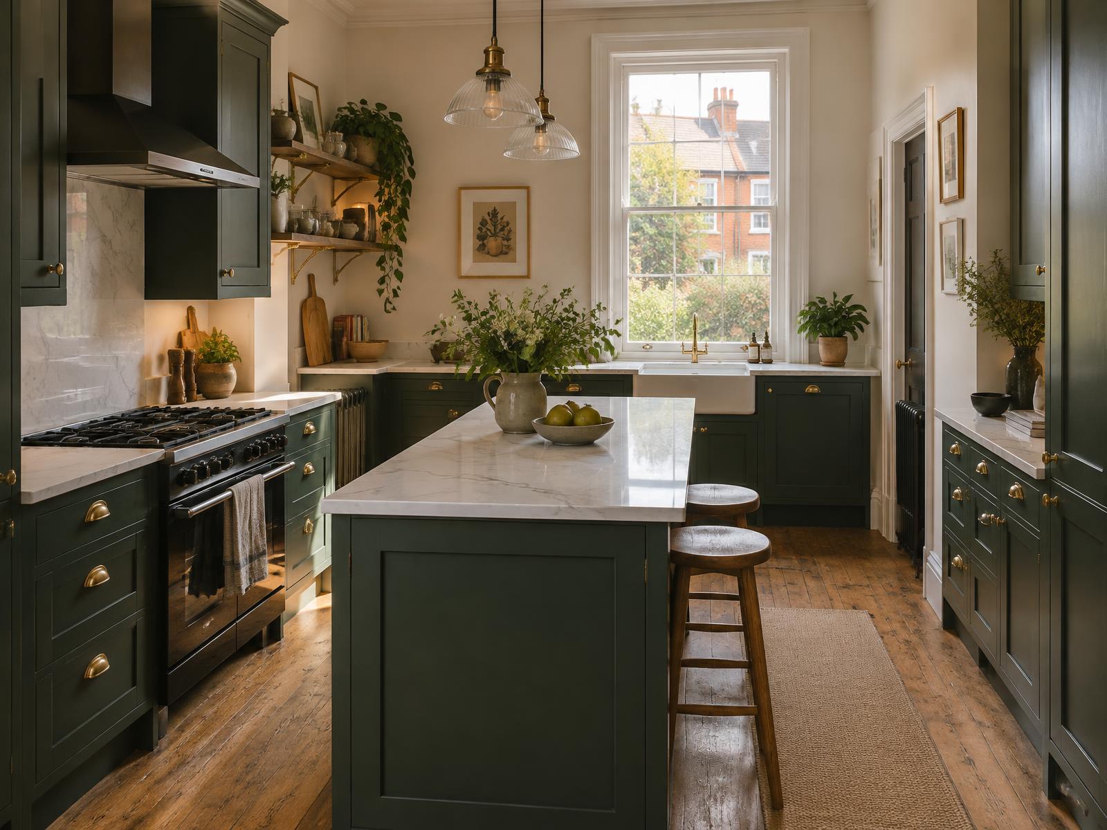 Finished Victorian terrace kitchen with deep green cabinetry, marble-effect worktops and brass hardware