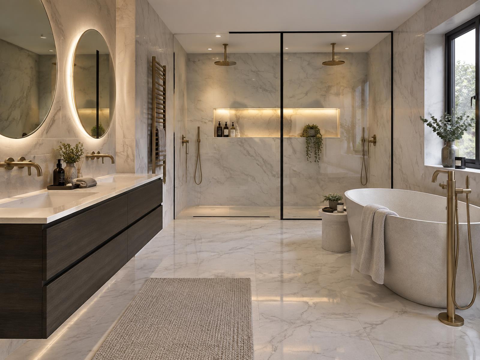 Finished master en-suite with marble-effect tiling, twin vanity, double walk-in shower and freestanding bath