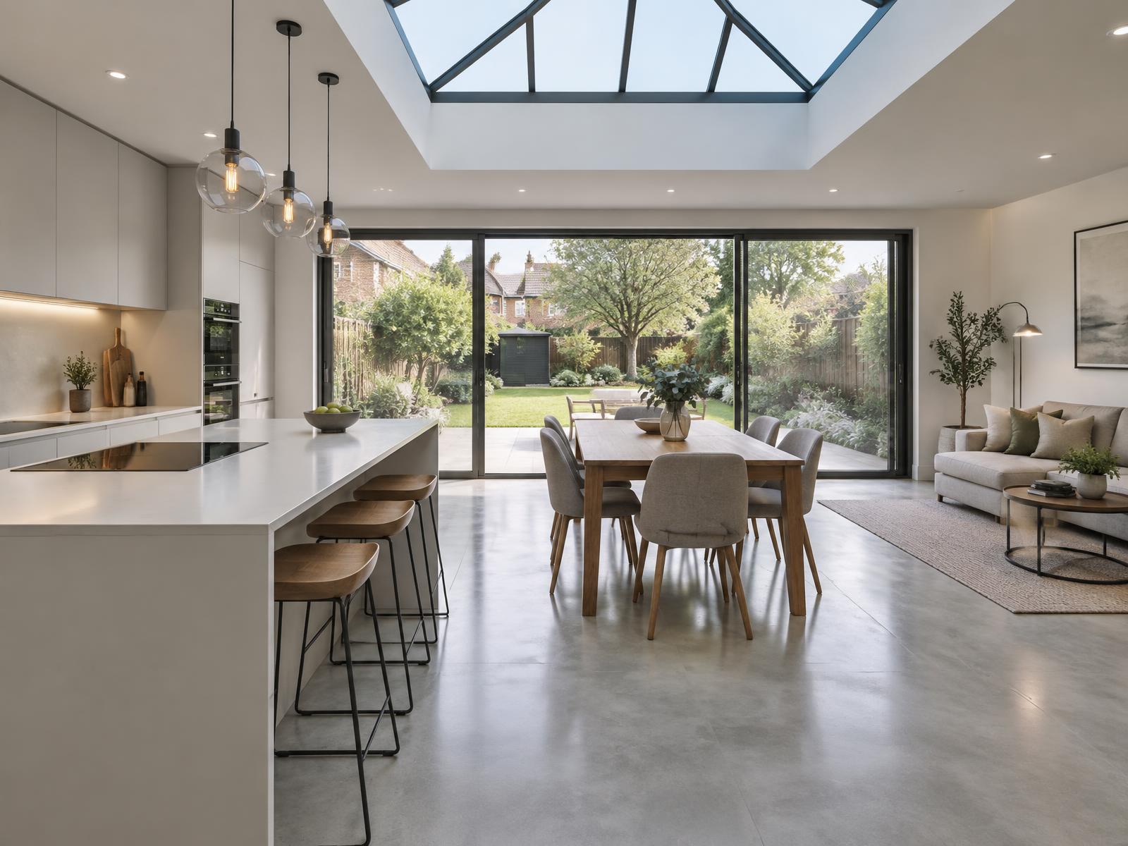 Finished open-plan extension with a roof lantern, pale handleless kitchen and sliding doors onto the garden