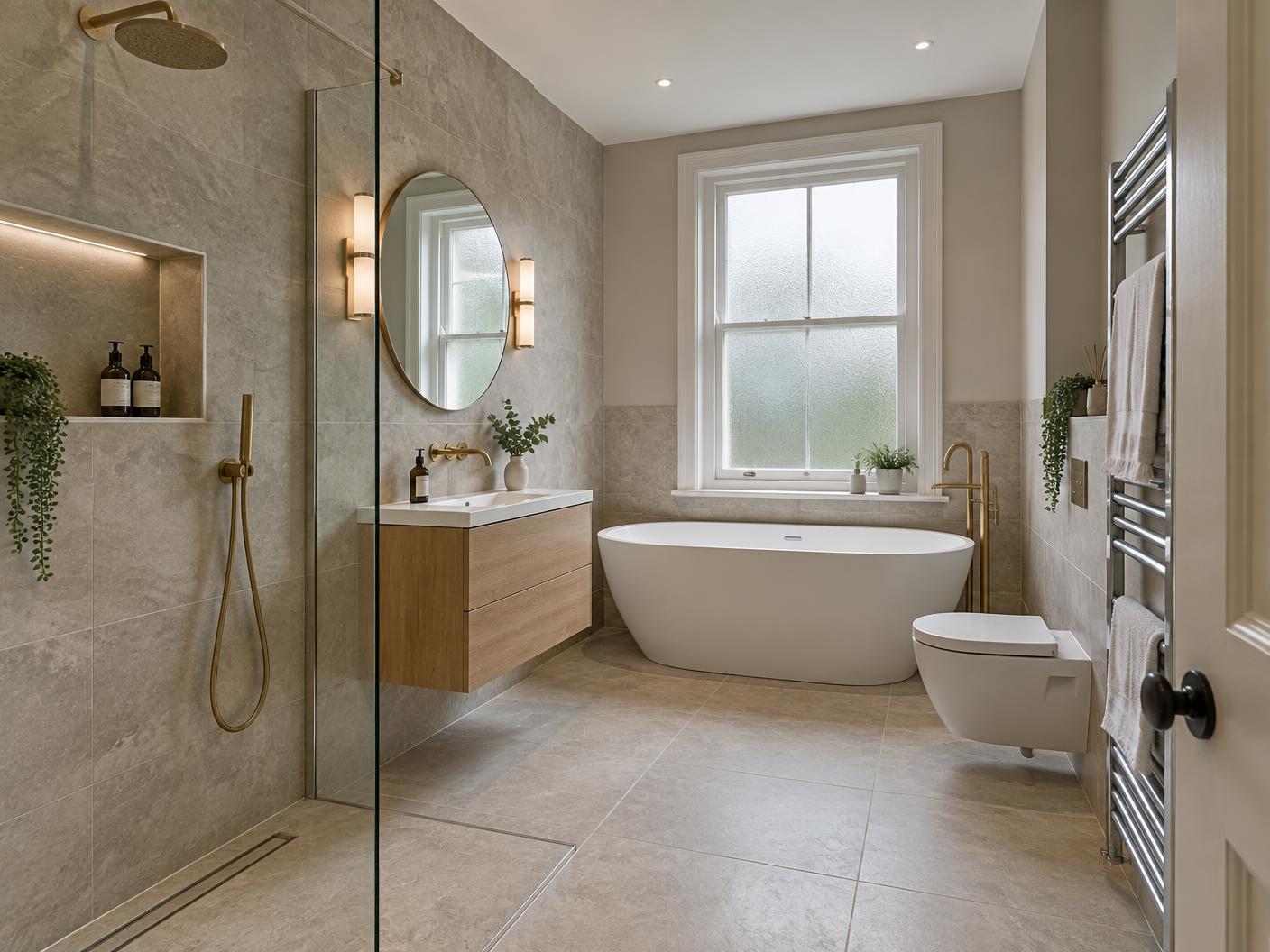 Renovated family bathroom with stone-effect tiling, a walk-in glass shower and a freestanding bath