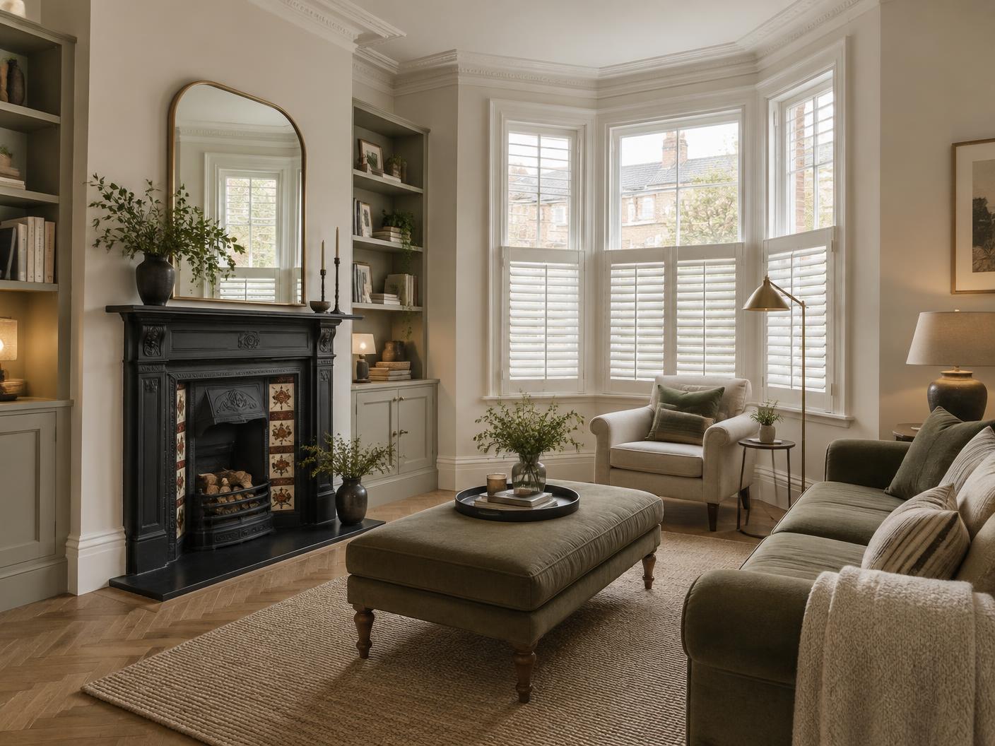 Refurbished Victorian living room with a restored cast-iron fireplace, bay window shutters and herringbone oak flooring