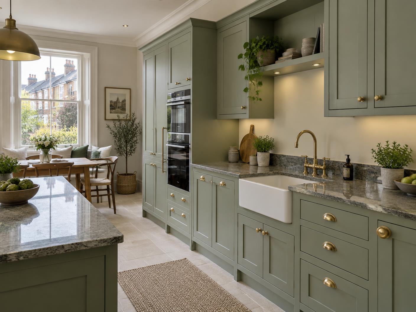 Newly fitted sage green shaker kitchen with brass hardware, granite worktops and a Belfast sink